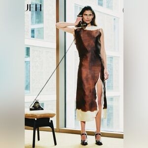 Brown and Cream Slip Midi Dress with Side Slit